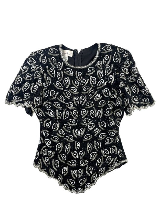 Laurence Kazar Tops - Vintage Laurence Kazar Black Silk Beaded Sequin Blouse  80s 90s Cocktail Top SZ